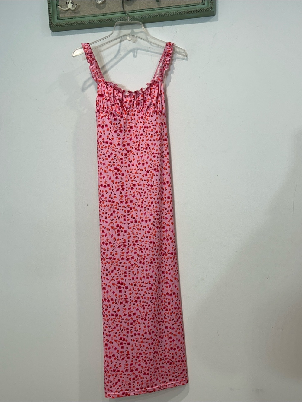 Sexy Italian summer Pink Red Floral ruffle trim Midi Dress women’s small slip on